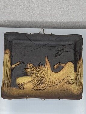 1970s Lion Studio Pottery/MCM Artist Signed BLACK Sculpture Stoneware Dish/Tray